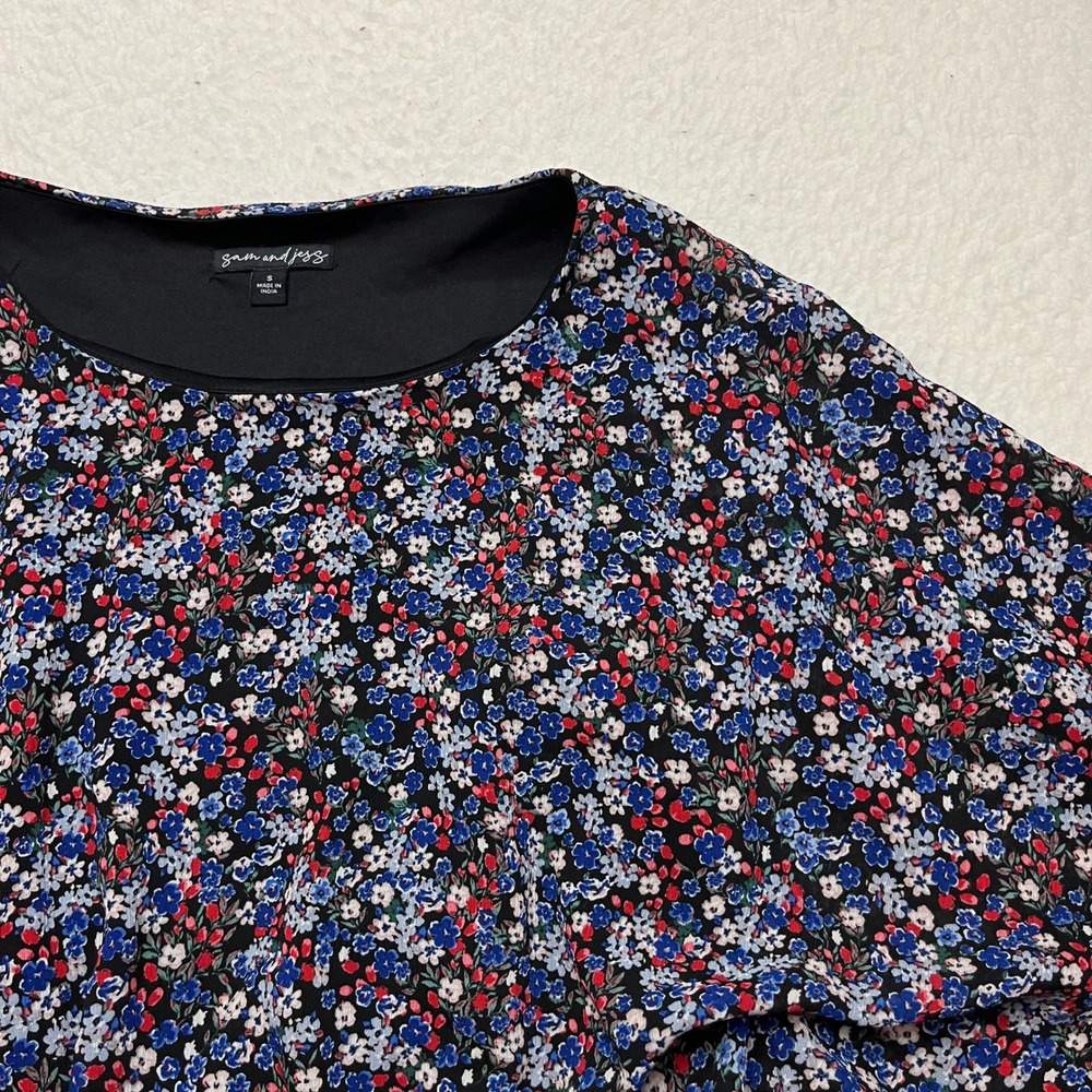 Sam and Jess Top Womens S Black Floral Smocked Waist Cape Flutter Sleeve Blouse